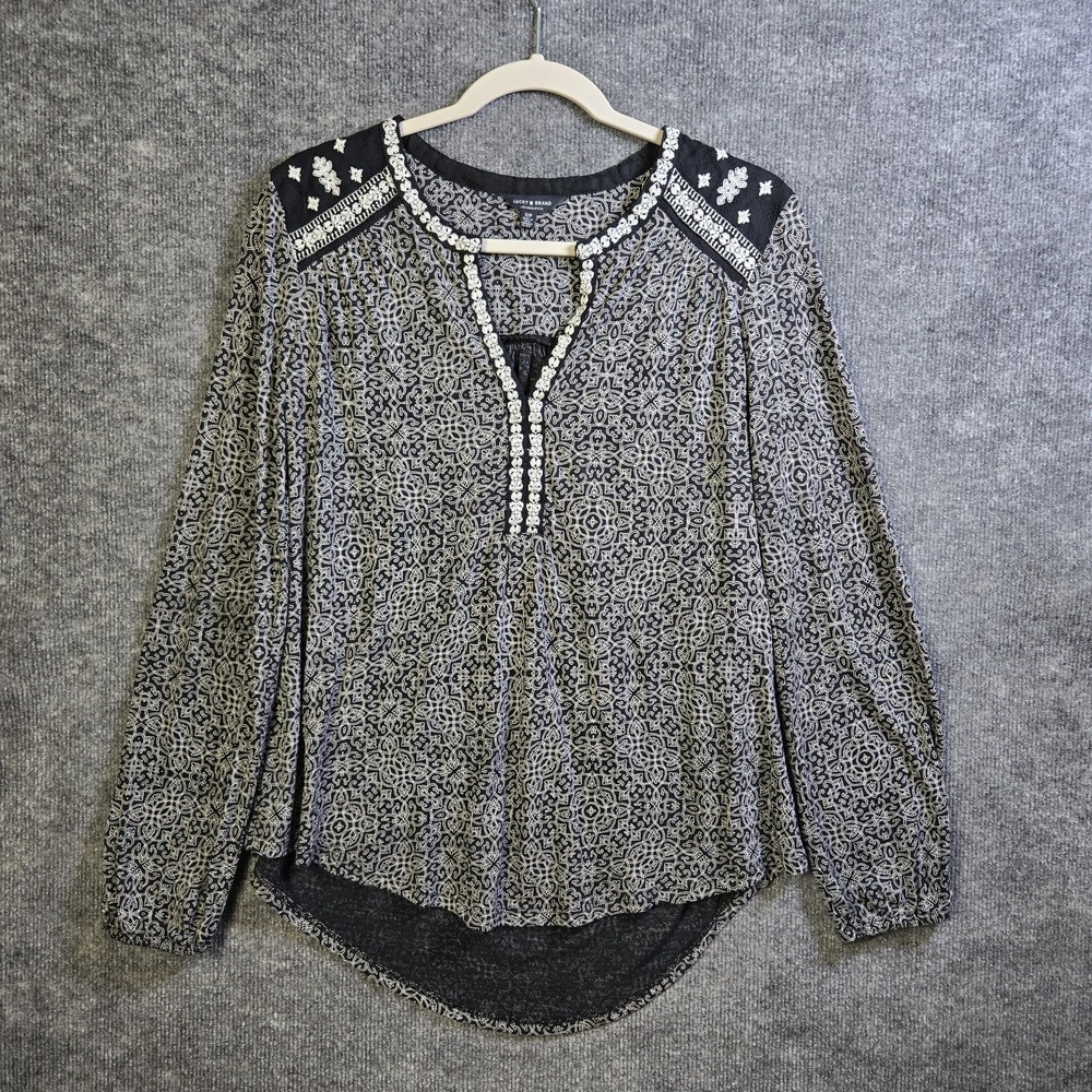 Lucky Brand Top Womens S Black White Medallion Print Knit Embroidered Boho